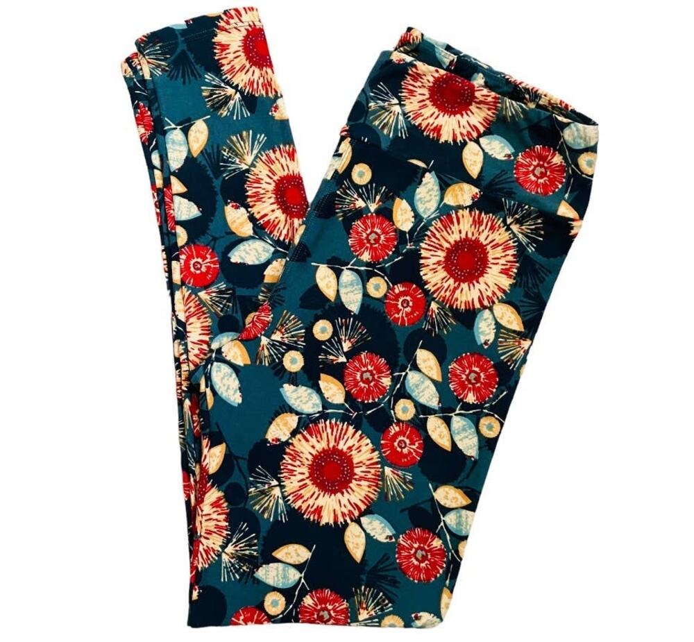 Lularoe Tall & Curvy Teal Yellow Red Floral Leggings
